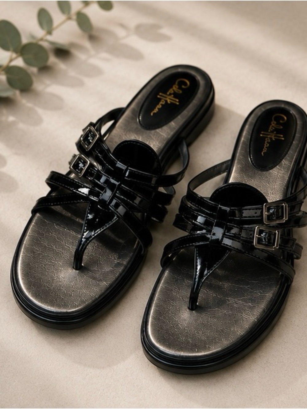 Cole Haan Black Patent Leather Strappy Thong Sandals Buckle Flats